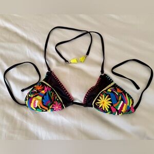 Nanette Lepore Black Bikini Top with Colorful Embroidery